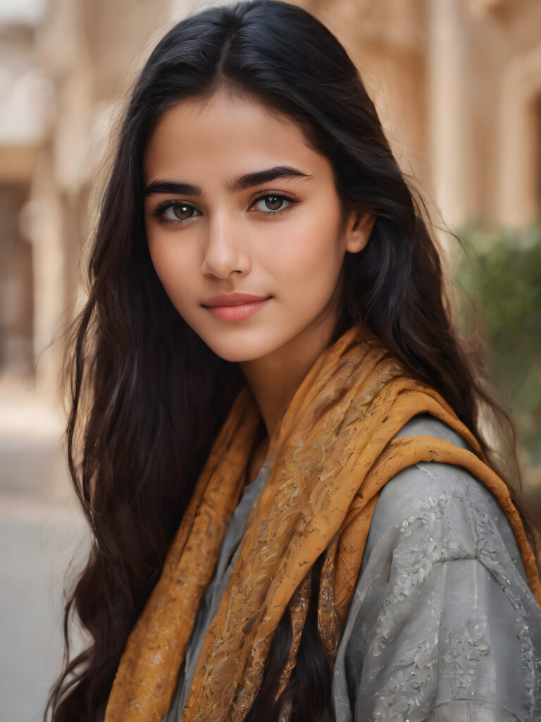 ((stunning)) ((gorgeous)) ((detailed and realistic portrait)) beautiful young Afghan girl, 16 years old, wears a grey outfit, light brown skin tone, cute face, realistic black eyes, (long black hair), slim, short stature, smiling, wearing a scarf