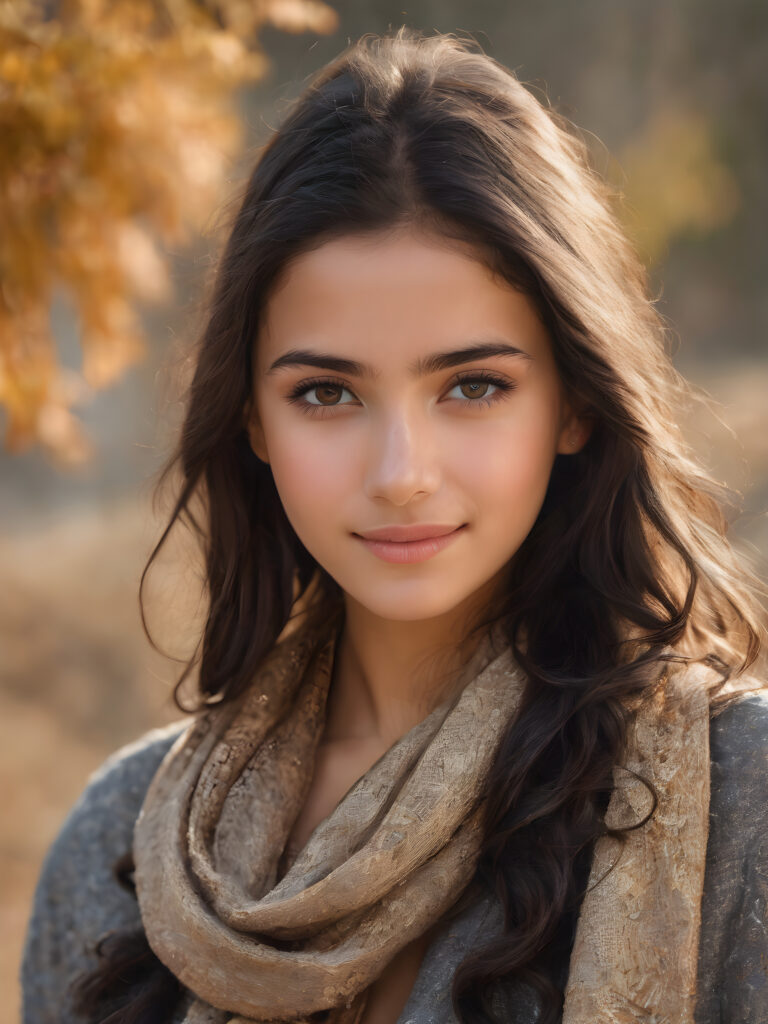 ((stunning)) ((gorgeous)) ((detailed and realistic portrait)) beautiful young Syrian girl, 16 years old, wears a grey outfit, light brown skin tone, cute face, realistic black eyes, (long black hair), slim, short stature, smiling, wearing a scarf