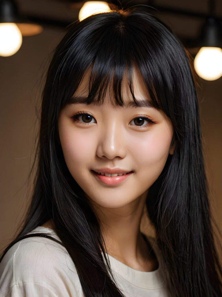 ((stunning)) ((gorgeous)) ((detailed portrait)) a young Korean teen girl. She has black long hair in Korean Style bangs, dark eyes, warm smile, very happy, side view, weak, dimmed light