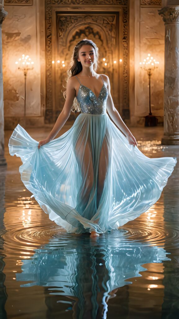 ((stunning)) ((gorgeous)) a (((beautiful teen girl))) dressed in a flowing ((made of reflective water)), dancing in a ancient room, reflecting an ethereal glow around her.