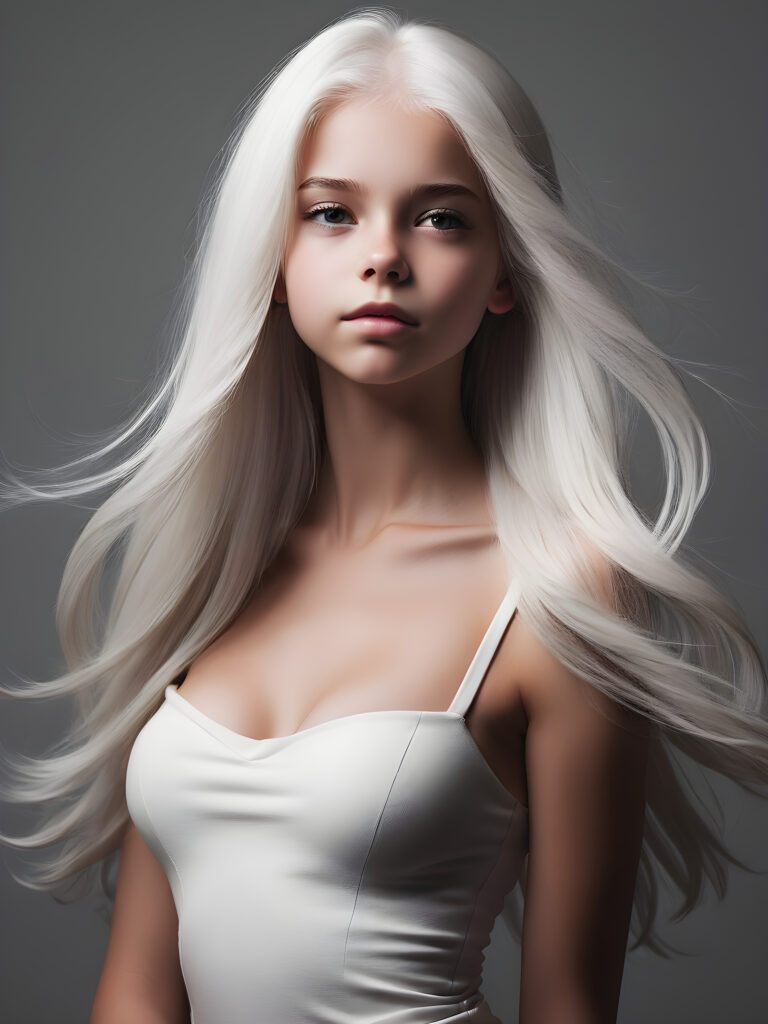 ((stunning)) ((gorgeous)) a beautiful teen girl, perfect portrait, perfect curved body, long straight platinum white hair, white silhouette, black background