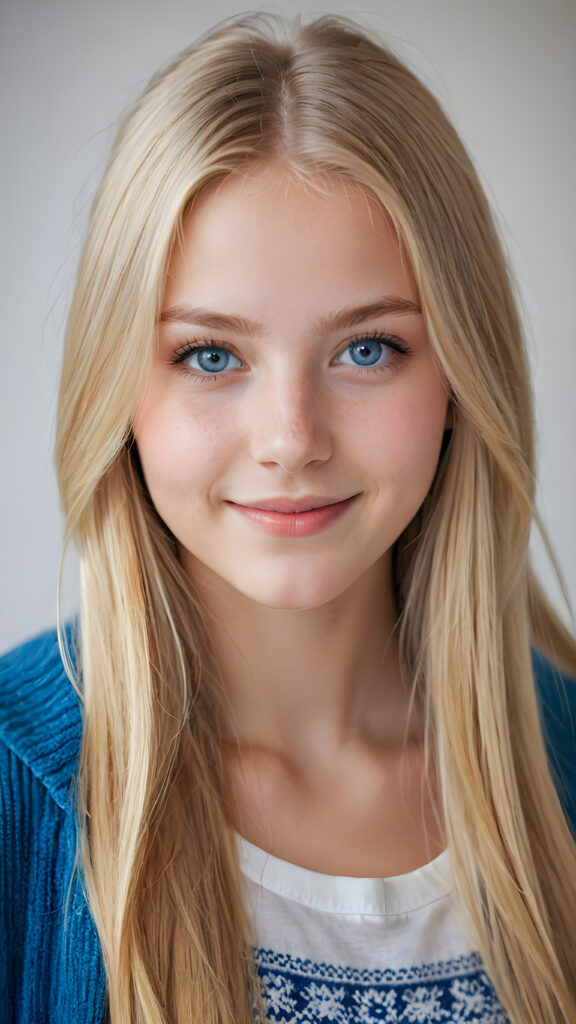 ((stunning)) ((gorgeous)) ((detailed portrait)) a young Nordic teen girl stands in front the viewer. She has blond long hair and deep blue eyes, warm smile, very happy