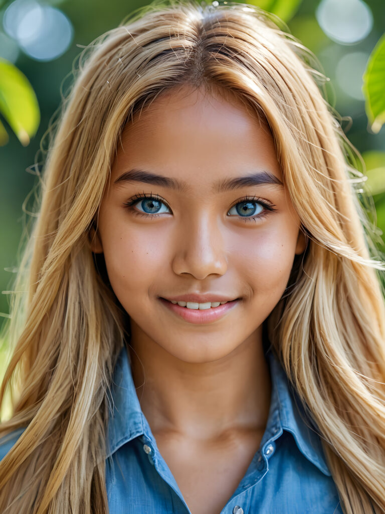 ((stunning)) ((gorgeous)) ((detailed portrait)) a young Indonesian teen girl stands in front the viewer. She has blond long hair and deep blue eyes, warm smile, very happy