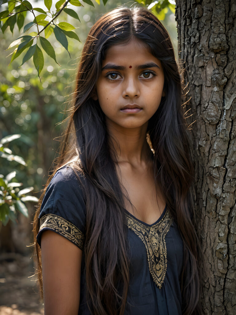 ((stunning)) ((gorgeous)) ((detailed portrait)) a young Indian girl stands in front of a tree and looks sadly at the viewer. She has long hair and deep black eyes.