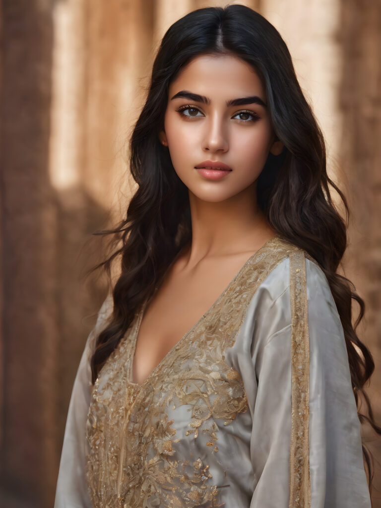 ((stunning)) ((gorgeous)) ((detailed and realistic portrait)) beautiful young Arab girl, 16 years old, wears a grey outfit, light brown skin tone, cute face, realistic black eyes, (long black hair), slim, short stature, smiling
