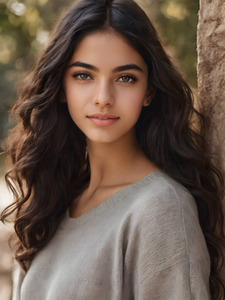 ((stunning)) ((gorgeous)) ((detailed and realistic portrait)) beautiful young Persian girl, 16 years old, wears a grey outfit, light brown skin tone, cute face, realistic black eyes, (long black hair), slim, short stature, smiling