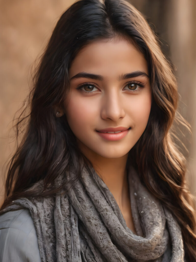 ((stunning)) ((gorgeous)) ((detailed and realistic portrait)) beautiful young Afghan girl, 16 years old, wears a grey outfit, light brown skin tone, cute face, realistic black eyes, (long black hair), slim, short stature, smiling, wearing a scarf