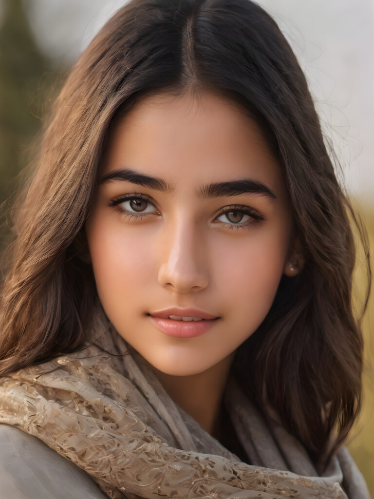 ((stunning)) ((gorgeous)) ((detailed and realistic portrait)) beautiful young Iraqi girl, 16 years old, wears a grey outfit, light brown skin tone, cute face, realistic black eyes, (long black hair), slim, short stature, smiling, wearing a scarf