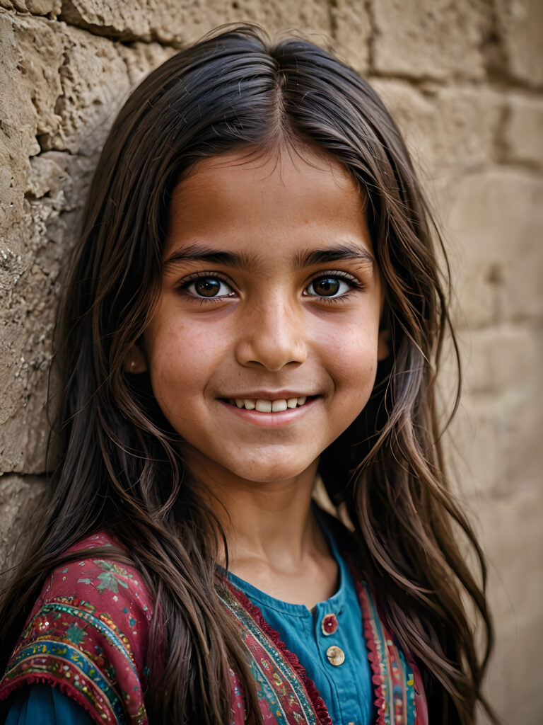 ((stunning)) ((gorgeous)) ((detailed portrait)) a young Afghan girl stands in front of a wall and looks at the viewer. She has long hair and deep black eyes, warm smile, very happy
