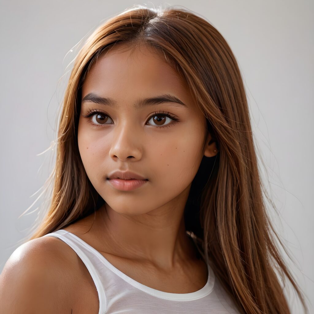 ((super realistic and detailed portrait, side view)) of (((cute))) (((elegant))) ((attractive)) (((long, straight hazelnut soft hair))) ((stunning)) a beautifully realistic, cinematic lights, ((15-year-old brown-skinned indigenous girl)), bangs cut, realistic detailed angelic round face, full lips, ((realistic detailed hazelnut eye)) looks sadly at the camera, portrait shot, perfect curved body, (wears a super short tight (white t-shirt) made on thin silk), perfect anatomy, white background, side perspective, ((no background))
