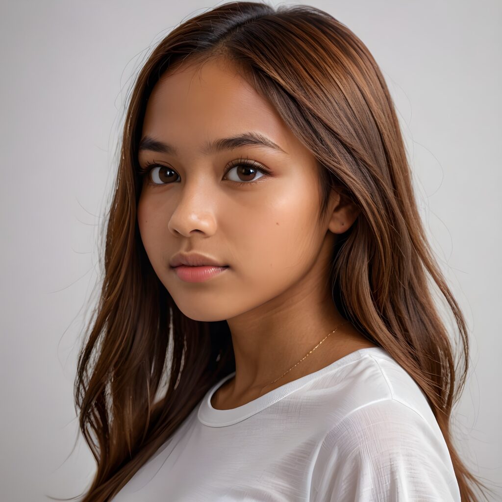 ((super realistic and detailed portrait, side view)) of (((cute))) (((elegant))) ((attractive)) (((long, straight hazelnut soft hair))) ((stunning)) a beautifully realistic, cinematic lights, ((15-year-old brown-skinned indigenous girl)), bangs cut, realistic detailed angelic round face, full lips, ((realistic detailed hazelnut eye)) looks sadly at the camera, portrait shot, perfect curved body, (wears a super short tight (white t-shirt) made on thin silk), perfect anatomy, white background, side perspective, ((no background))