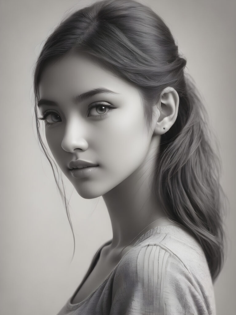super realistic, 4k, detailed face, perfect curved body, cute young girl, straight hair, crop top, looks at the camera, portrait shot, grey background, pencil drawing black white