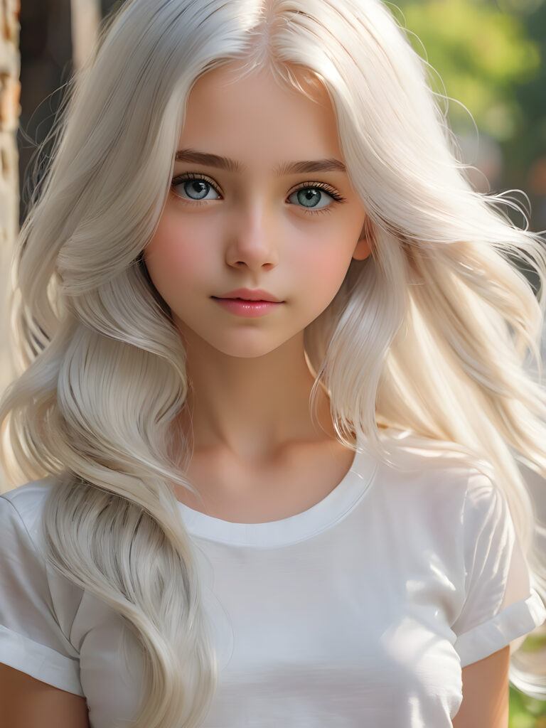 super realistic, detailed portrait, a beautiful young girl with long platinum white hair looks sweetly into the camera. She wears a white shirt