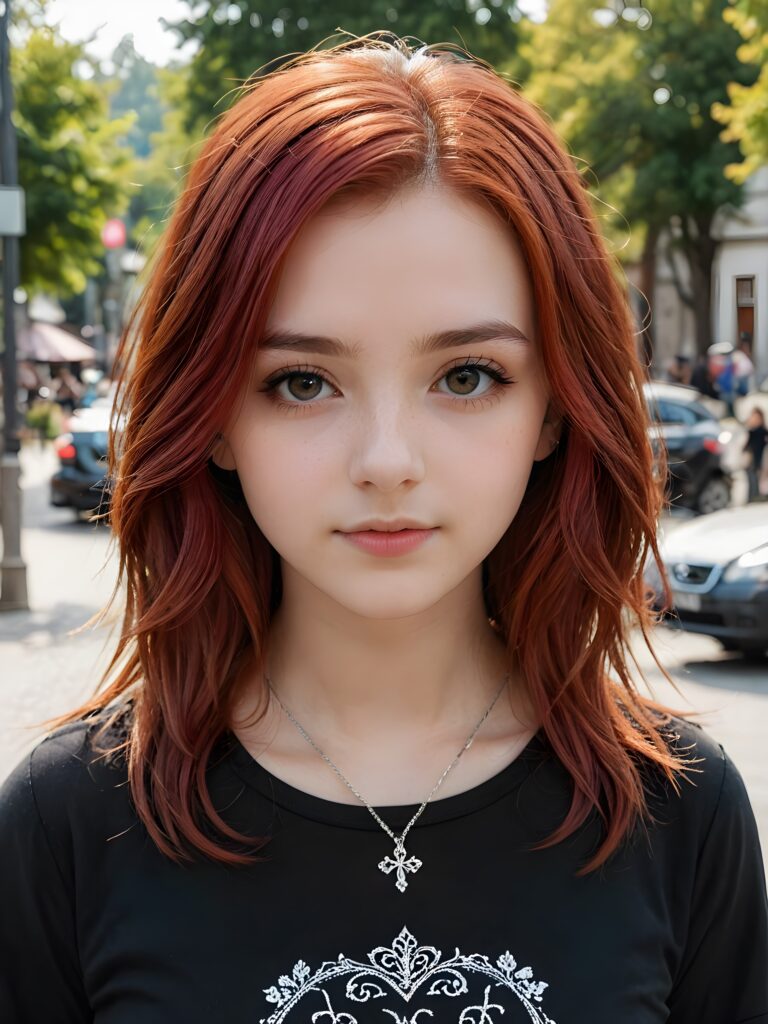 super realistic, detailed portrait, a beautiful young goth teen girl with long soft red hair looks sweetly into the camera. She wears a black shirt