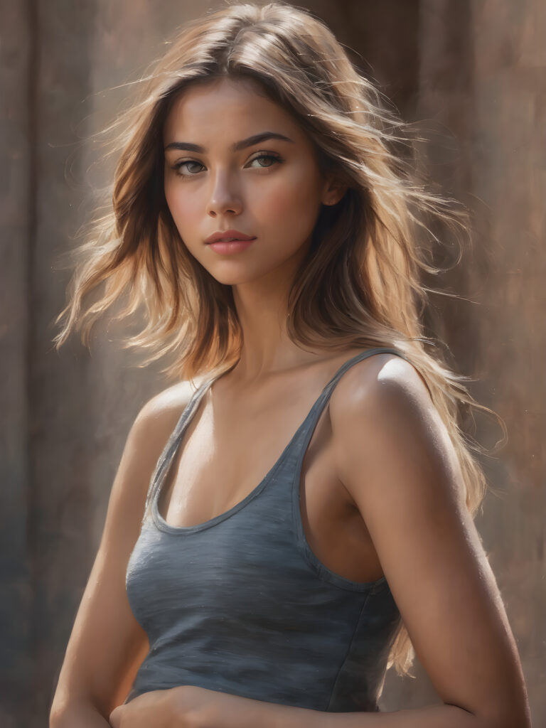 super realistic, 4k, detailed face, perfect curved body, cute young girl, straight hair, short tank top, looks at the camera, portrait shot, grey background, side view, ((detailed pencil drawing))