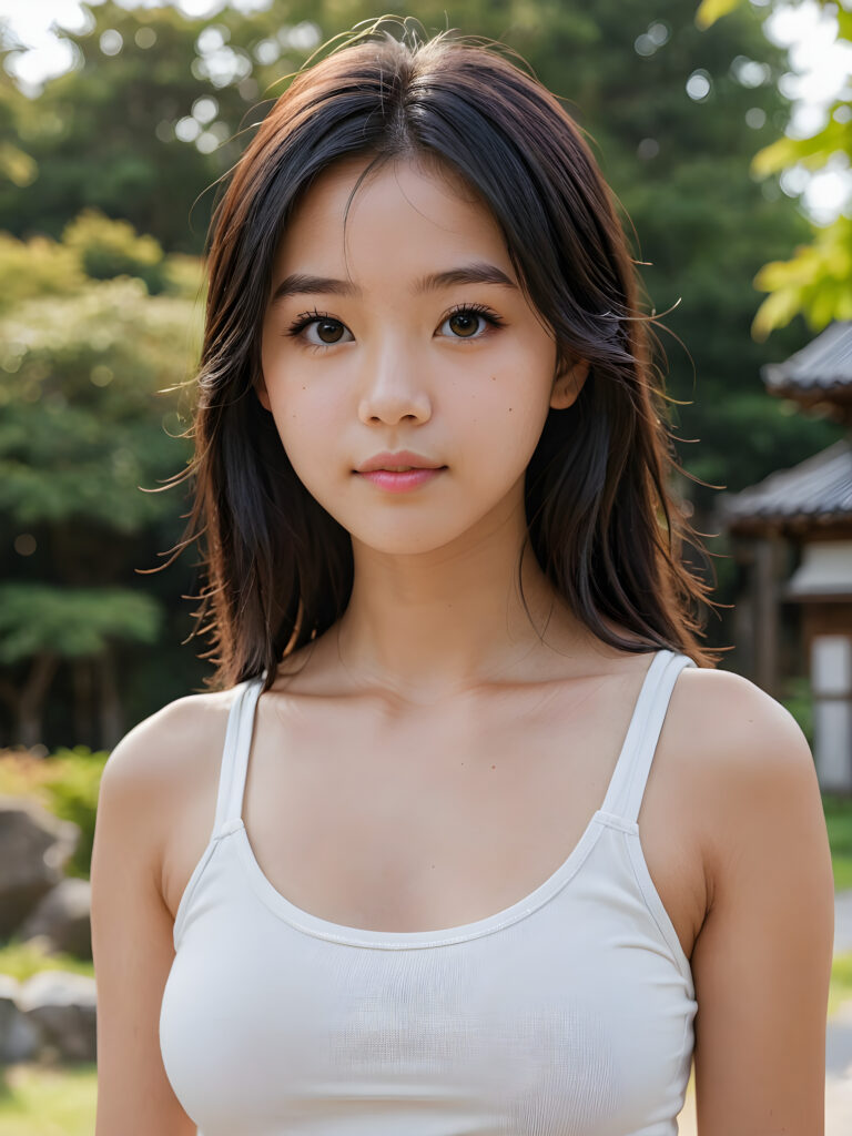 super realistic, 4k, detailed face, perfect curved body, cute ((Japanese teen girl)), black long hair, wear only a white short tight tank top, looks at the camera, portrait shot