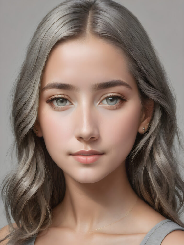 super realistic, 4k, detailed face, perfect curved body, cute young girl, straight hair, crop top, looks at the camera, portrait shot, grey background, ((pencil drawing in grey))