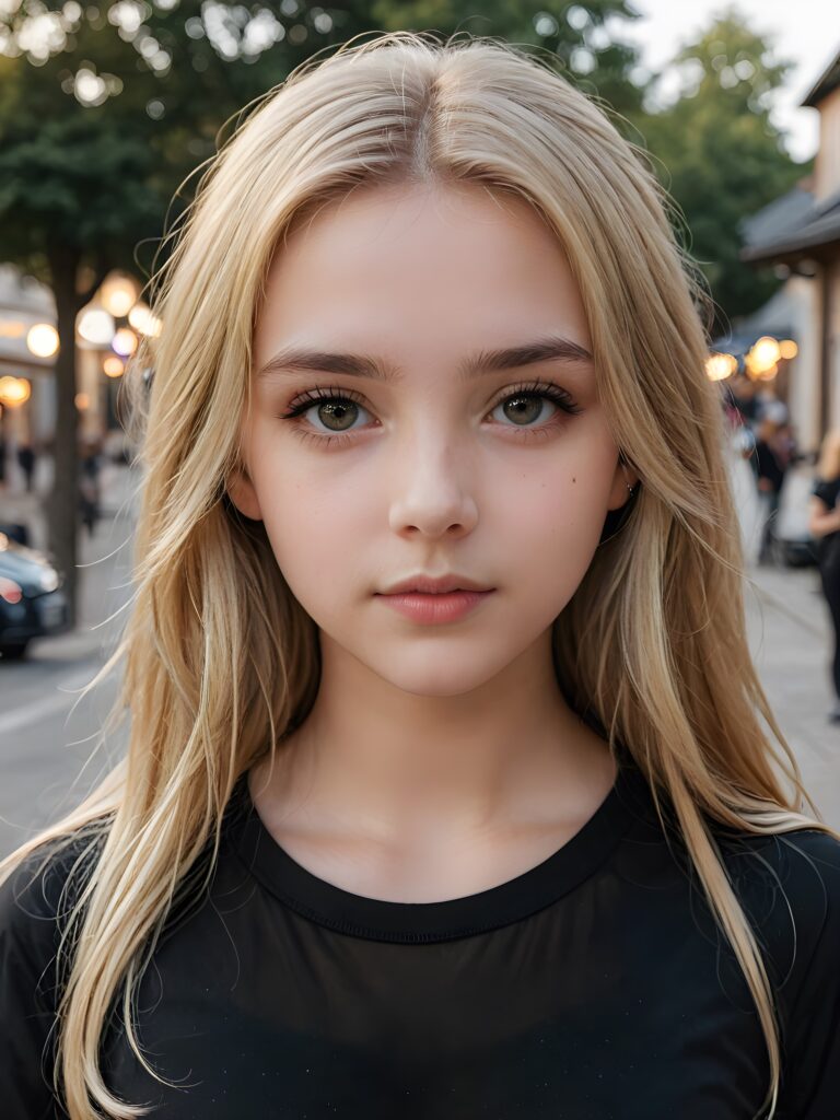 super realistic, detailed portrait, a beautiful young goth teen girl with long soft blond hair looks sweetly into the camera. She wears a black shirt