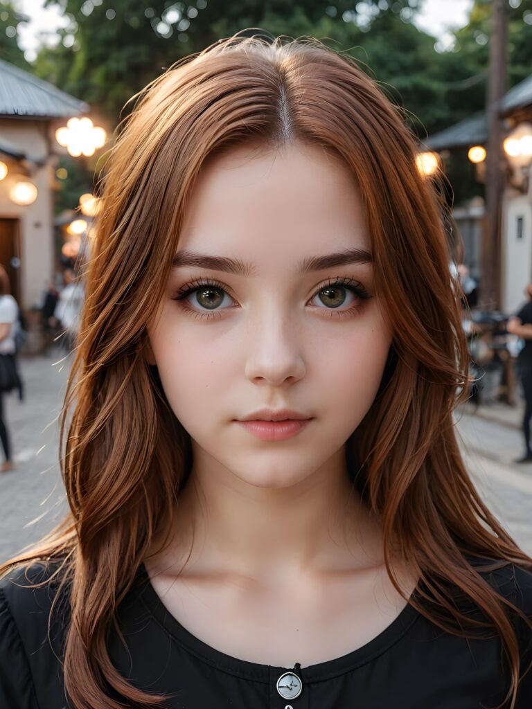 super realistic, detailed portrait, a beautiful young goth teen girl with long soft auburn hair looks sweetly into the camera. She wears a black shirt