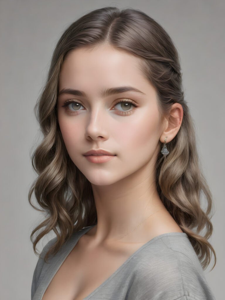 super realistic, 4k, detailed face, perfect curved body, cute young girl, straight hair, crop top, looks at the camera, portrait shot, grey background, ((pencil drawing in grey))