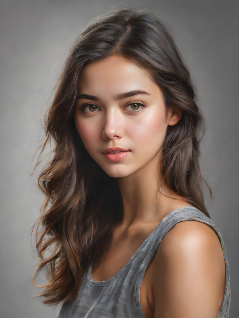 super realistic, 4k, detailed face, perfect curved body, cute young girl, straight hair, short tank top, looks at the camera, portrait shot, grey background, side view, ((detailed pencil drawing))