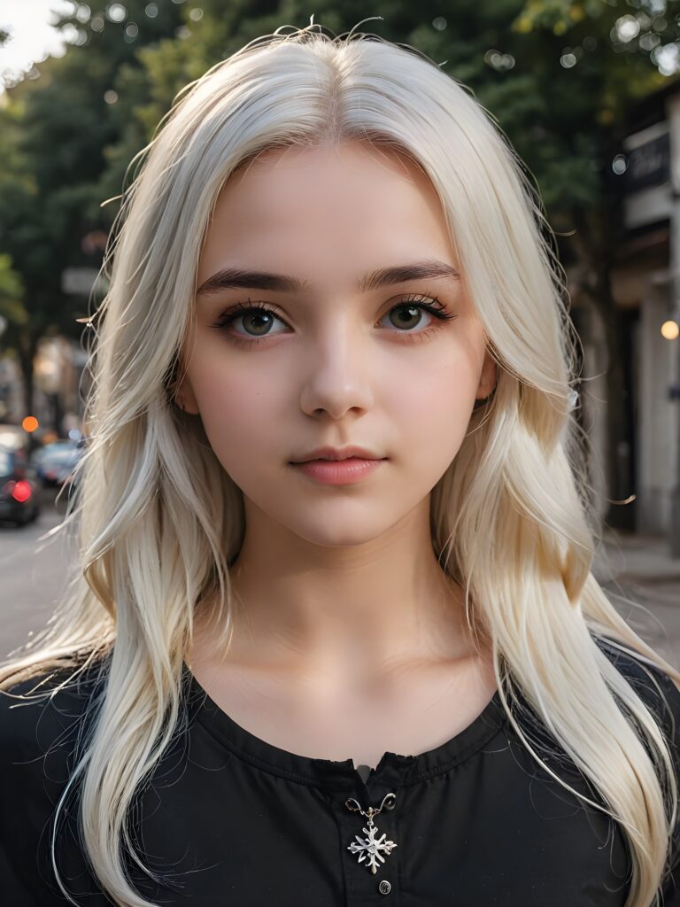 super realistic, detailed portrait, a beautiful young goth teen girl with long soft white hair looks sweetly into the camera. She wears a black shirt