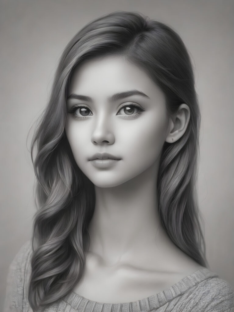 super realistic, 4k, detailed face, perfect curved body, cute young girl, straight hair, crop top, looks at the camera, portrait shot, grey background, pencil drawing black white