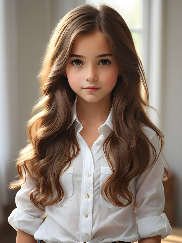 super realistic, detailed portrait, a beautiful young girl with long brown hair looks sweetly into the camera. She wears a white shirt