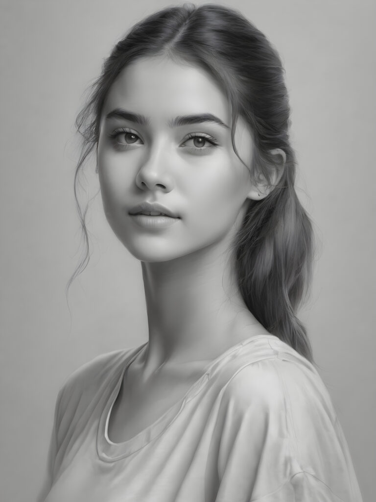 super realistic, 4k, detailed face, perfect curved body, cute young girl, straight hair, crop top, looks at the camera, portrait shot, grey background, side view, ((pencil drawing))