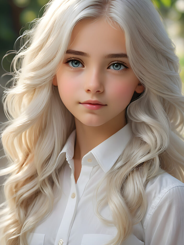 super realistic, detailed portrait, a beautiful young girl with long platinum white hair looks sweetly into the camera. She wears a white shirt