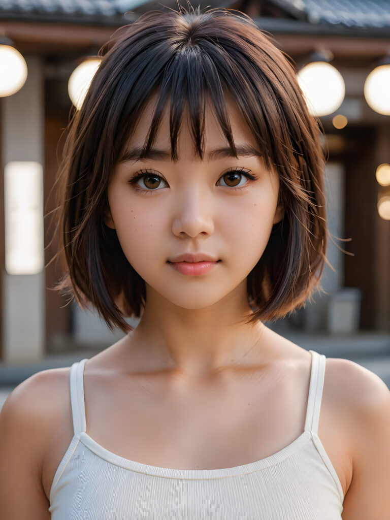 super realistic, 4k, detailed face, perfect curved body, cute ((Japanese teen girl)), black straight shoulder-lengt hair, bangs cut, light brown eyes, wear only a white short tight tank top, looks at the camera, portrait shot