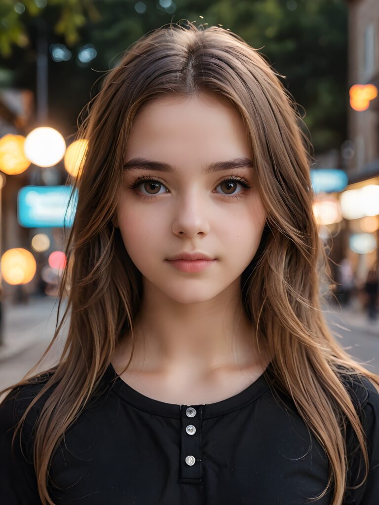 super realistic, detailed portrait, a beautiful young goth teen girl with long soft light brown hair looks sweetly into the camera. She wears a black shirt