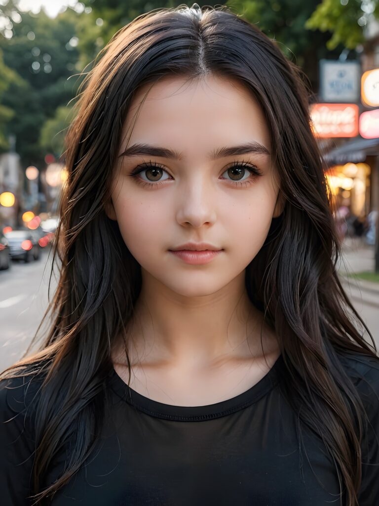 super realistic, detailed portrait, a beautiful young goth teen girl with long soft hair looks sweetly into the camera. She wears a black shirt