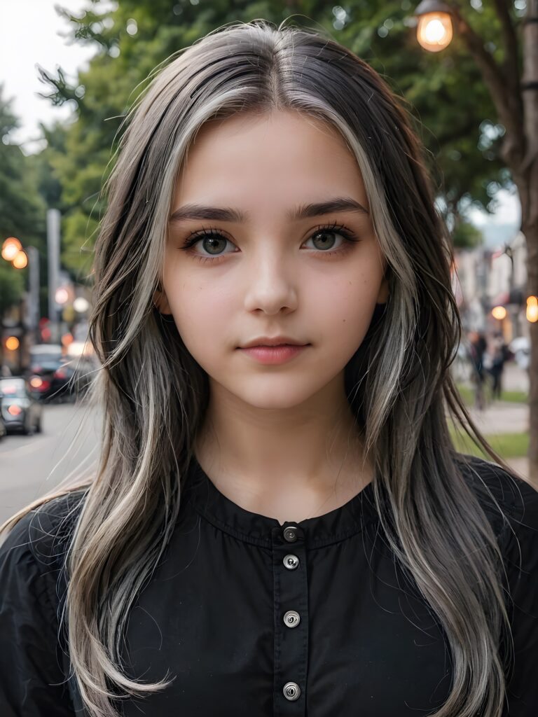 super realistic, detailed portrait, a beautiful young goth teen girl with long soft ash grey hair looks sweetly into the camera. She wears a black shirt