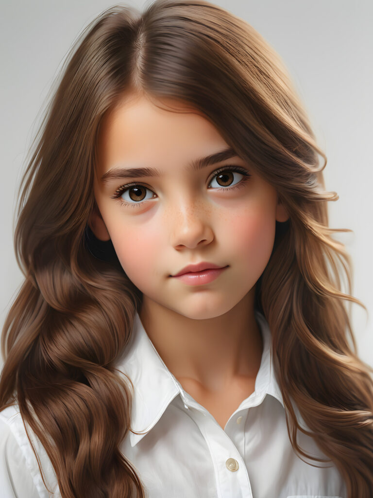 super realistic, detailed portrait, a beautiful young girl with long brown hair looks sweetly into the camera. She wears a white shirt