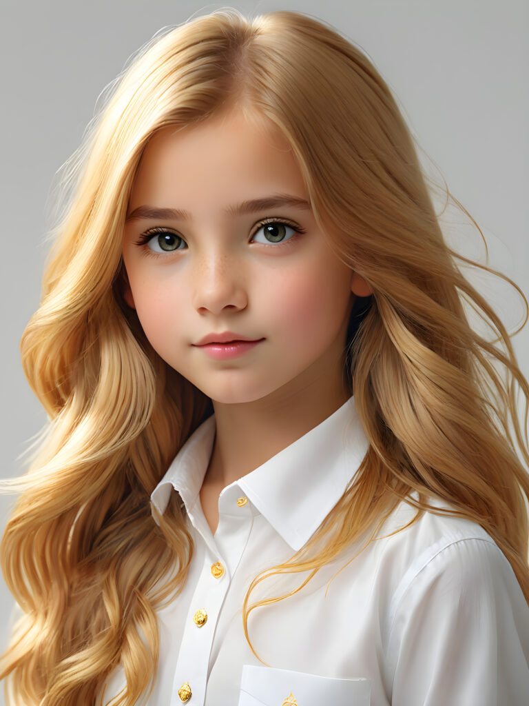 super realistic, detailed portrait, a beautiful young girl with long gold hair looks sweetly into the camera. She wears a white shirt