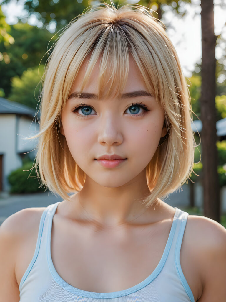 super realistic, 4k, detailed face, perfect curved body, cute ((Japanese teen girl)), blonde straight hair, bangs cut, light blue eyes, wear only a white short tight tank top, looks at the camera, portrait shot