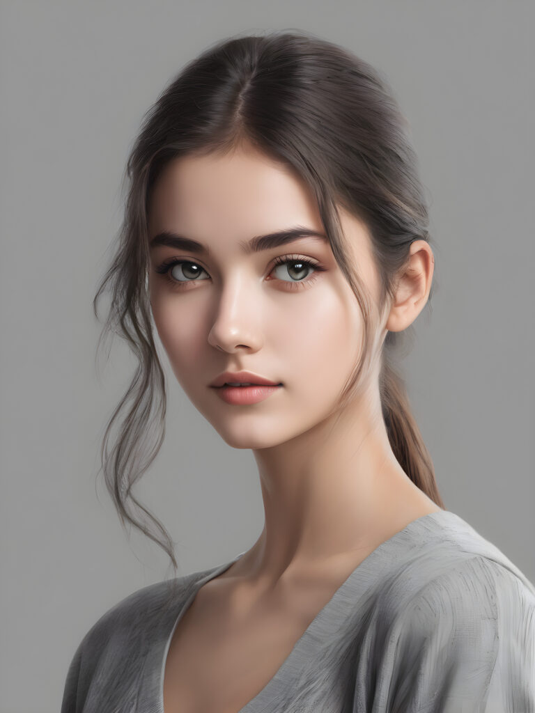 super realistic, 4k, detailed face, perfect curved body, cute young girl, straight hair, crop top, looks at the camera, portrait shot, grey background, side view, ((pencil drawing))