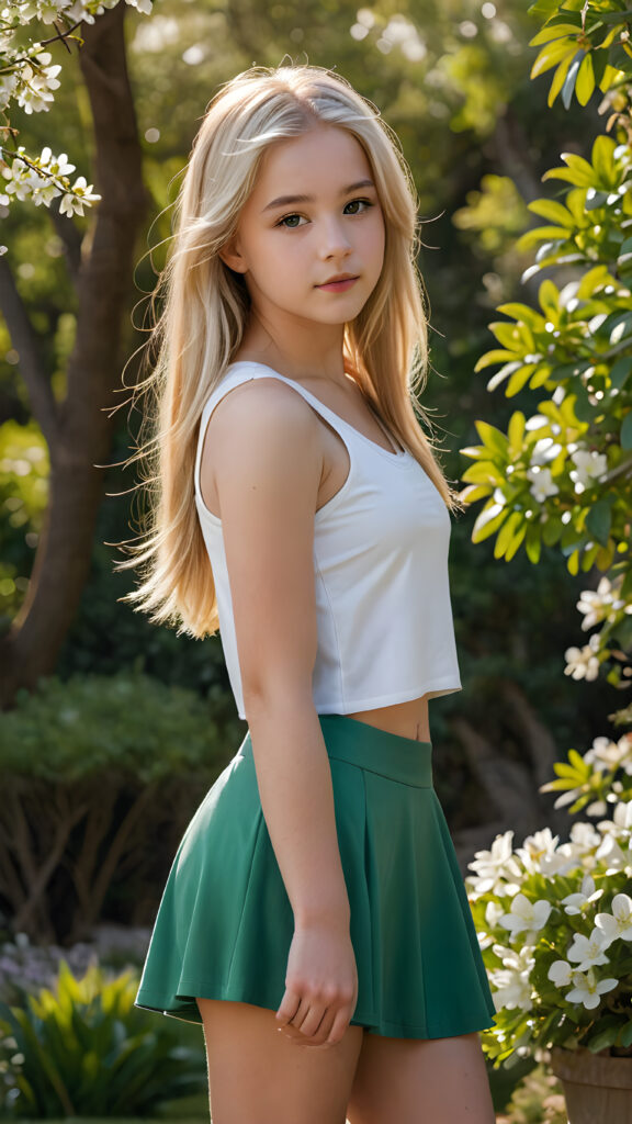 super realistic and detailed full body portrait: a (((masterful fine art portrait))) featuring a (((teenage girl with light blond long soft straight, close-fitting hair))), elegantly framed by a (((sleeveless white short close-fitting crop top))), round mini skirt, ((she stands in the middle of a natural green spring)), perfect shadows and lights support the picture