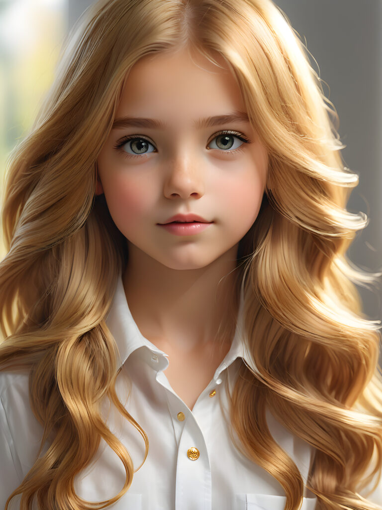super realistic, detailed portrait, a beautiful young girl with long gold hair looks sweetly into the camera. She wears a white shirt