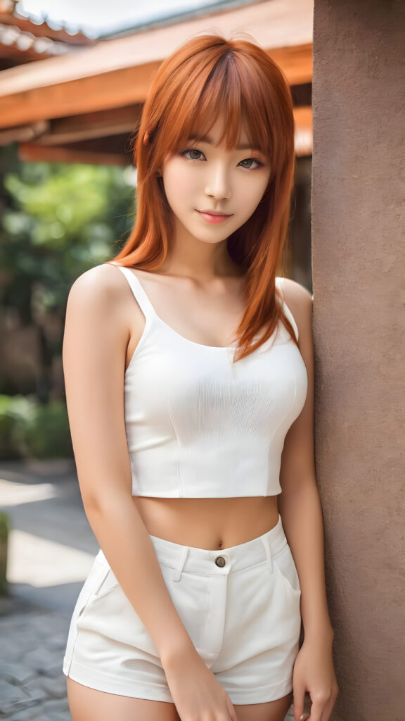 ((full body view)) of (((cute))) (((elegant))) ((attractive)) ((female model)) ((stunning)) Japanese teen girl, styled bangs, perfect curved body, ultra realistic face, realistic amber eyes, ((detailed orange straight hair)), (she is dressed in a form-fitting super low cut white crop top), round super short pants, photo with beautiful saturation, ultra high resolution, deep shadow, (best quality, masterpiece), highly detailed, skinny, depth of field, film grain, looking at viewer, warm smile, (upper body), masterpiece, ultra realistic, extremely detailed CG unity 8k wallpaper, best quality