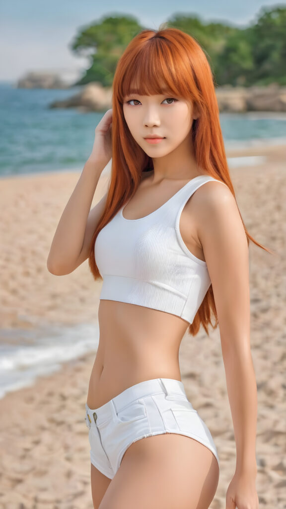 ((full body view)) of (((cute))) (((elegant))) ((attractive)) ((female model)) ((stunning)) Japanese teen girl, styled bangs, perfect curved body, ultra realistic face, realistic amber eyes, ((detailed orange straight hair)), (she is dressed in a form-fitting super low cut white crop top), round super short pants, photo with beautiful saturation, ultra high resolution, deep shadow, (best quality, masterpiece), highly detailed, skinny, depth of field, film grain, looking at viewer, warm smile, (upper body), masterpiece, ultra realistic, extremely detailed CG unity 8k wallpaper, best quality