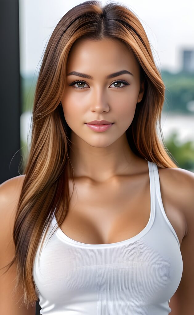 super realistic, 4k, detailed face, perfect curved body, breasted girl, long straight amber hair, white short tank top, looks at the camera, portrait shot