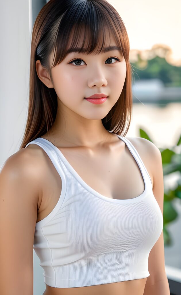 super realistic, 4k, detailed face, perfect curved body, cute Asian teen girl, long straight hair, bangs cut, wear only a white short tight tank top, looks at the camera, portrait shot