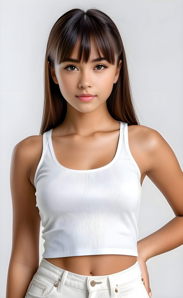 super realistic, 4k, detailed face, perfect curved body, cute Exotic teen girl, long straight brown, bangs cut, wears only a white short tank top, looks at the camera, portrait shot