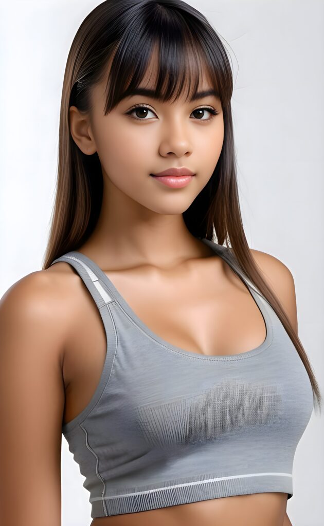 super realistic, 4k, detailed face, perfect curved body, cute Exotic teen girl, long straight hair, bangs cut, wears only a grey short tank top, looks at the camera, portrait shot