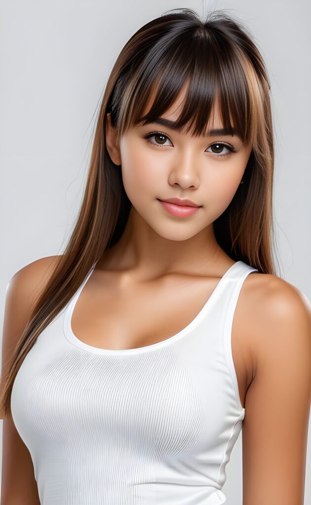 super realistic, 4k, detailed face, perfect curved body, cute Exotic teen girl, long straight brown, bangs cut, wears only a white short tank top, looks at the camera, portrait shot