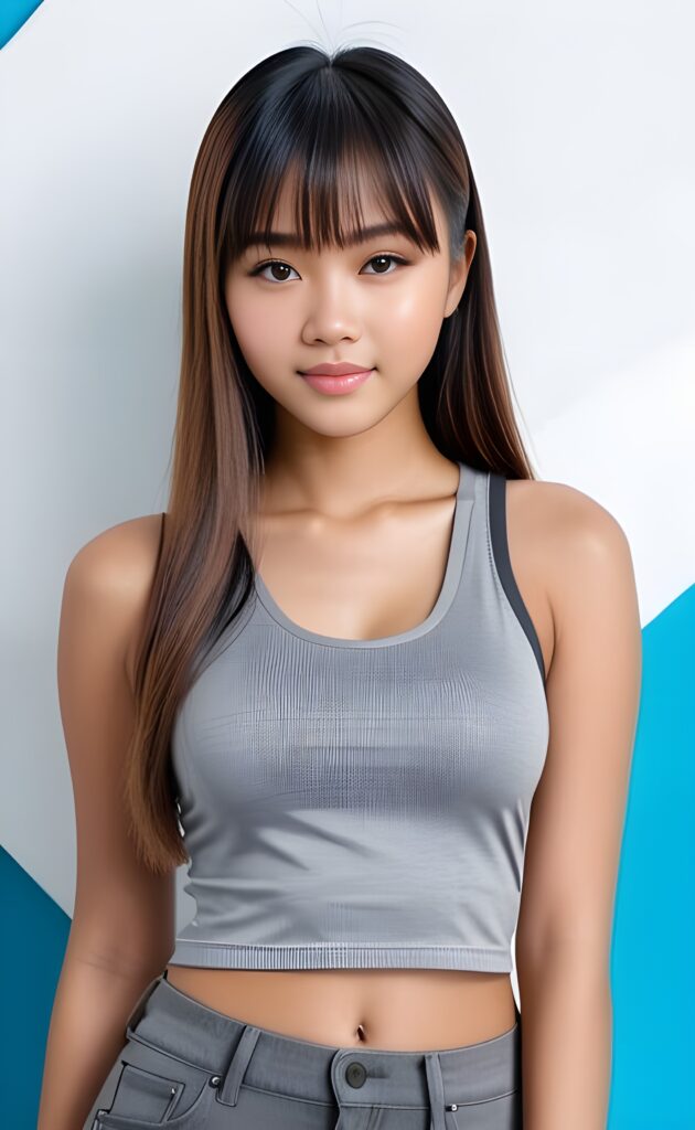 super realistic, 4k, detailed face, perfect curved body, cute Indonesian teen girl, long straight hair, bangs cut, wears only a grey short tight tank top, looks at the camera, portrait shot