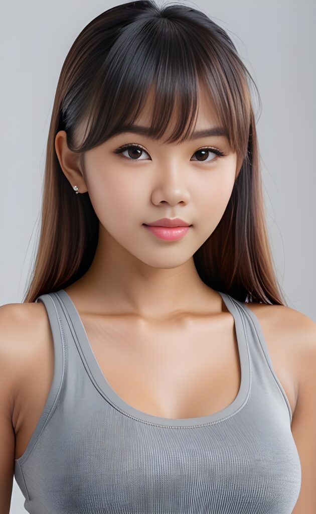super realistic, 4k, detailed face, perfect curved body, cute Indonesian teen girl, long straight hair, bangs cut, wears only a grey short tight tank top, looks at the camera, portrait shot