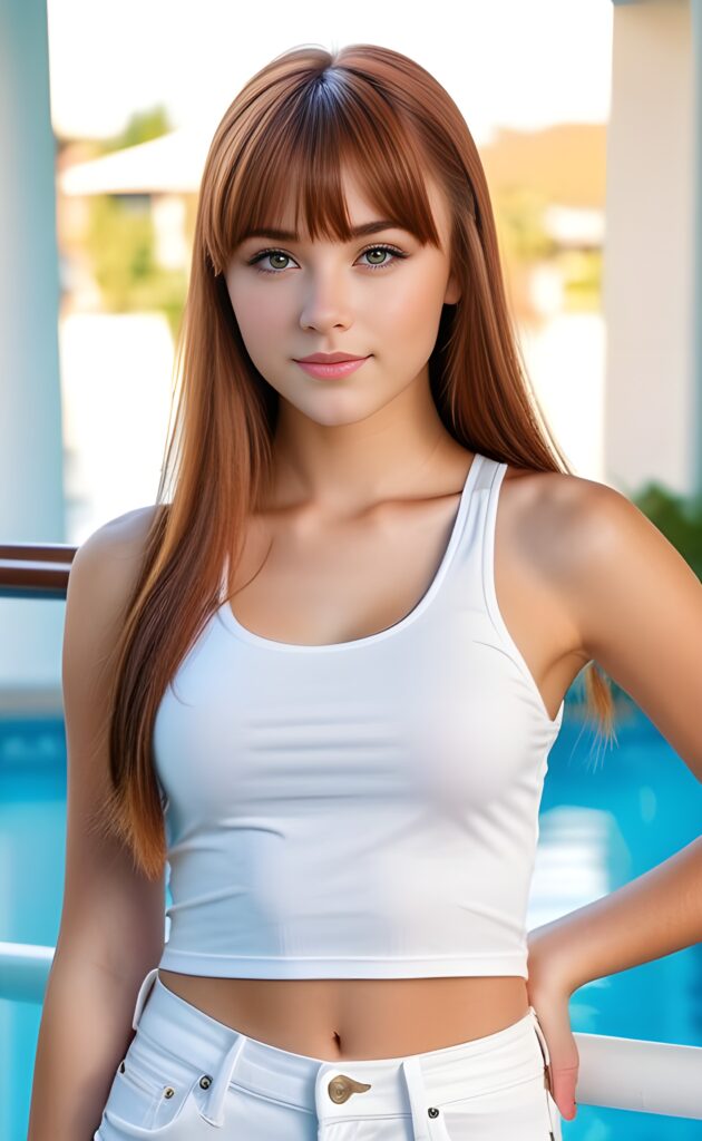 super realistic, 4k, detailed face, perfect curved body, cute teen girl, long auburn straight hair, bangs cut, wear only a white short tight tank top, looks at the camera, portrait shot